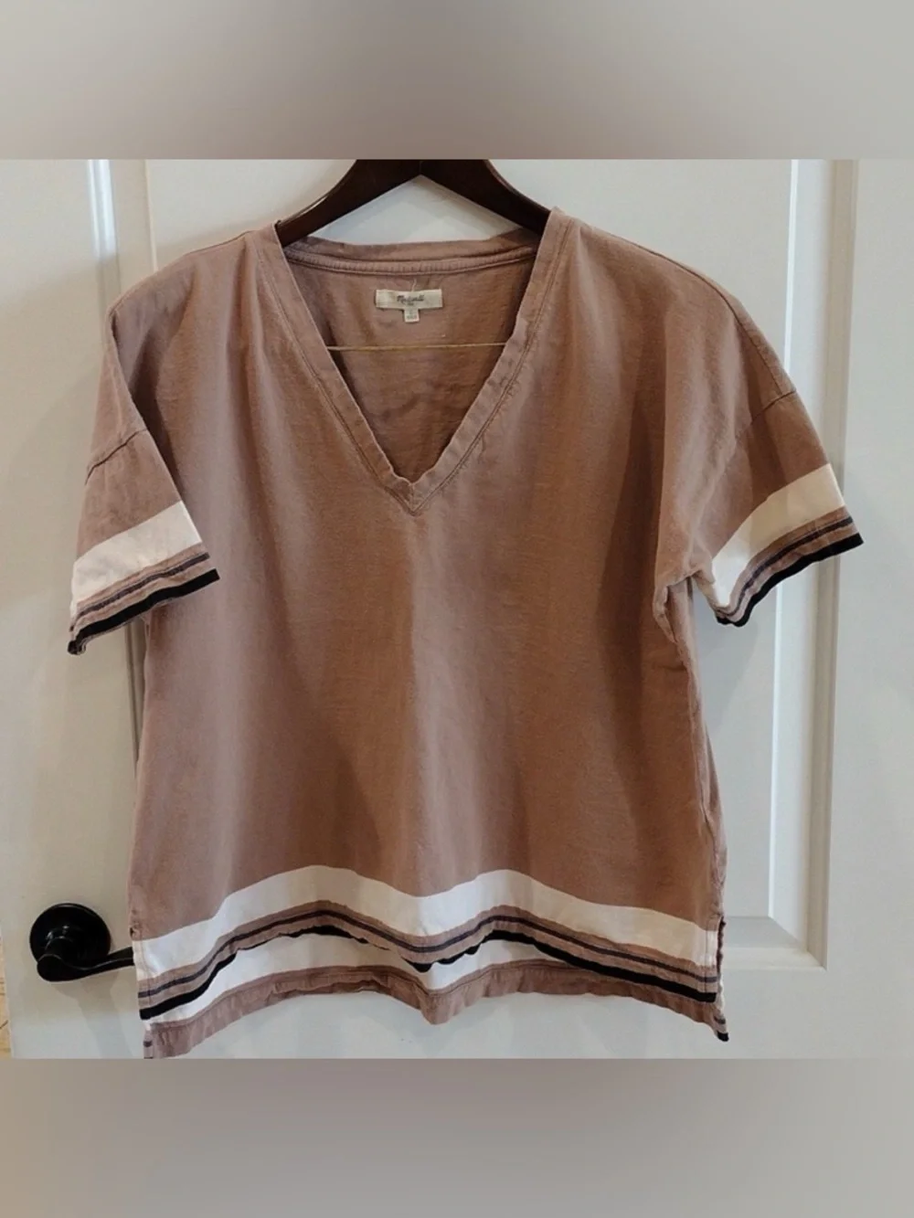 Madewell Color Block Split Hem Top. Size Large. Tan, Cream, Slate & Dark Blue - Picture 1 of 1